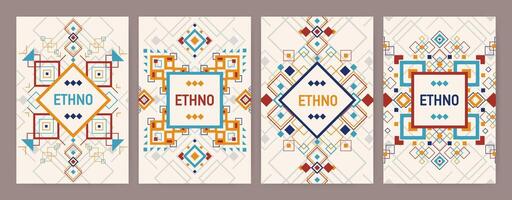 Collection of vertical backgrounds with traditional Aztec ornament or decorative border. Bundle of flyer or postcard templates with colorful geometric decorations in ethnic style. illustration. vector