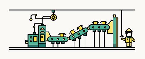 Factory belt conveyor conveying boxes, worker wearing hard hat and protective clothing controlling production process. Automated manufacturing and machinery. illustration in line art style. vector