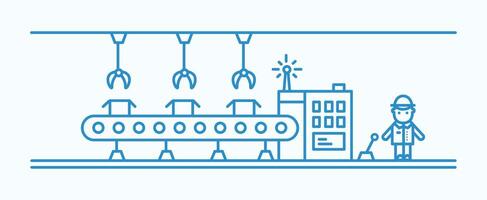 Industrial belt conveyor equipped with hanging manipulators conveying boxes, factory worker in hard hat controlling production process. Monochrome illustration drawn with blue contour lines. vector
