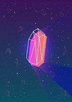 Abstract vertical backdrop with glowing neon colored polygonal geometric shape and its outline against night sky full of stars and crescents on background. Modern colorful illustration. vector