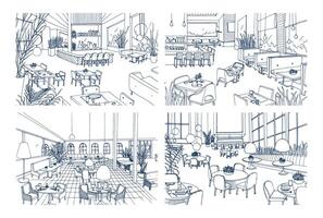Collection of monochrome drawings of cafe interiors with modern furnishings. Bundle of hand drawn sketches of restaurants furnished in loft style. illustration in black and white colors. vector