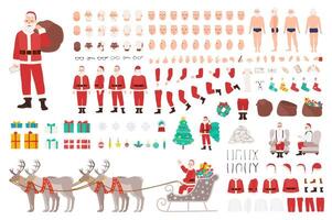 Santa Clause constructor or DIY kit. Collection of Christmas cartoon character body parts, clothes, holiday attributes isolated on white background. Front, side, back view. illustration. vector