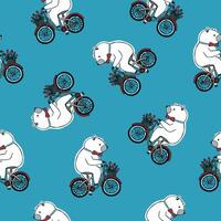 Seamless pattern with funny cartoon circus bear wearing bow tie and riding bicycle with front basket full of red tulip flowers on blue background. Hand drawn illustration for textile print. vector