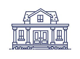 Two-story residential house with porch and columns built in classic architectural style. Elegant building drawn with blue contour lines on white background. illustration in lineart style. vector