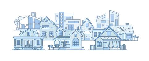 Suburban landscape with various city buildings built in different architectural style. Cityscape with residential houses. Panoramic view of town district. illustration in line art style. vector