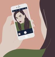 Young brunette woman holding smartphone and making selfie photo on front-facing camera. Long haired girl looking at phone with self portrait on screen. Colorful illustration in flat style. vector