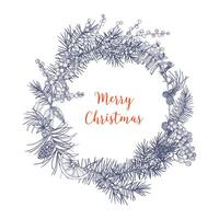 Christmas wreath made of branches and cones of fir and spruce trees, rowan berries, orange slices, holly leaves, star anise hand drawn in monochrome colors with contour lines. illustration vector