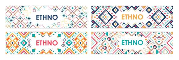 Bundle of horizontal web banners decorated with traditional American Indian ornaments or trendy geometric patterns in ethnic style. illustration with bright colored decorative tribal motifs. vector