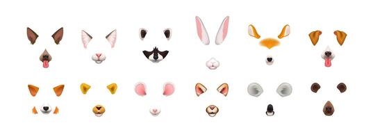 Collection of chat application effects. Bundle of cute and funny faces or masks of various animals - dog, cat, fox, raccoon, rabbit, koala, bear, mouse, deer. Colorful illustration. vector