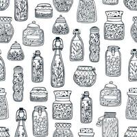 Monochrome seamless pattern with homemade preserves in glass jars and bottles hand drawn with black contour lines on white background. illustration for fabric print, wallpaper, backdrop. vector