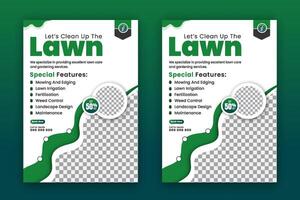Premium modern lawn mower garden, landscaping service a4 flyer template, lawn care maintenance design layout, poster, and leaflet with abstract green gradient color shape and white background vector