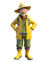 a smiling fisherman standing on the edge of the lake wearing a hat and jacket 3d character cartoon png