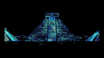 Neon frame effect Chichen Itza Mexico, glow, black background. video