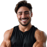 Smiling muscular man with crossed arms. png