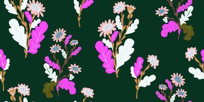 a pattern with pink and green flowers on a dark background vector