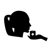 Take medicine pill icon. Woman's head with mouth and hands holding medicine pill box. Isolated on white background. silhouette vector