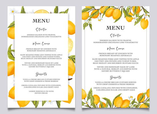 Lemon citrus menu card template. Summer wedding food selection card. Italian wedding menu. Summer dinner, citrus bridal shower menu. Capri bridal menu. Illustration.