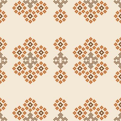Traditional ethnic motifs ikat geometric fabric pattern cross stitch.Ikat embroidery Ethnic oriental Pixel brown cream background. Abstract,illustration. Texture,scarf,decoration,wallpaper.