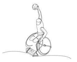 Continuous single line drawing of male disabled basketball player will throw the ball into the ring. Sport tournament event design illustration vector