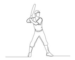 Continuous single line drawing of front view of the batter preparing to hit the ball. baseball tournament event . Design illustration vector