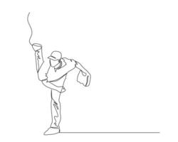 Continuous single line drawing of pitcher's pose after throwing the ball with one leg raised upwards. baseball tournament event . Design illustration vector