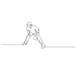Continuous single line drawing of The fielder is focused on guarding the base. baseball tournament event . Design illustration vector
