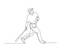 Continuous single line drawing of The batter looks up and sees the ball he hit flying. baseball tournament event . Design illustration vector