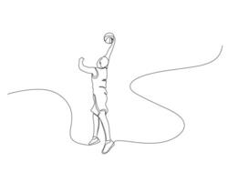 Continuous single line drawing of male basketball player jumps high to block opponent's passing ball. basketball tournament event . Design illustration vector