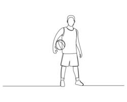 Continuous single line drawing of male basketball player posing facing the camera holding the ball. basketball tournament event . Design illustration vector