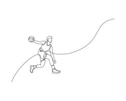 Continuous single line drawing of male basketball player dribbling the ball while half-squatting. basketball tournament event design illustration vector