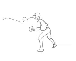 Continuous single line drawing of side view of the catcher who is focused on the game. baseball tournament event . Design illustration vector