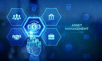 Asset management. Business investment banking payment technology concept on virutal screen. Wireframe hand touching digital interface. illustration. vector