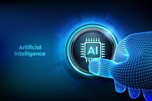AI. Artificial intelligence. Machine learning. Big data innovation technology. Neural networks. Closeup finger about to press a button with Artificial intelligence icon. illustration. vector