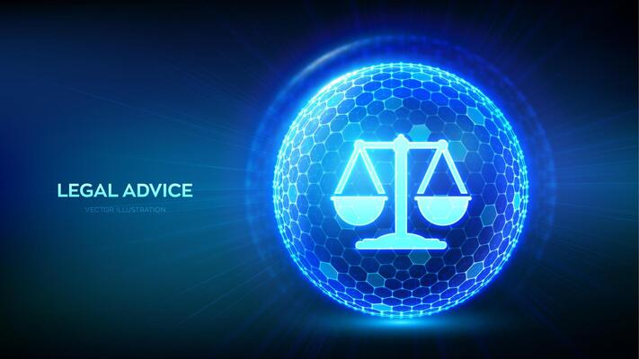 Labor law, Lawyer, Attorney at law, Legal advice concept. Justice icon inside protection sphere shield with hexagon pattern. Internet law as digital online legal services. Illustration.