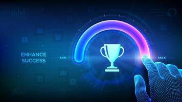 Success level growth. Increasing Success Level. Wireframe hand is pulling up to the maximum position circle progress bar with the Trophy cup icon. Business achievement concept. illustration. vector