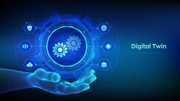 Digital twin business and industrial process modelling technology concept on virtual screen. Innovation and optimisation. Digital twin icon in wireframe hand. illustration. vector