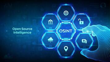 Open source intelligence. OSINT. Open data access. Open source analysis. Cyber analytics. Data gathering. Wireframe hand places an element into a composition visualizing OSINT. illustration. vector