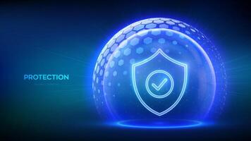 Protection. Cyber security. Network safety. Healthcare. Insurance. Protection shield with Check mark icon inside transparent sphere shield with hexagon pattern on blue background. illustration. vector