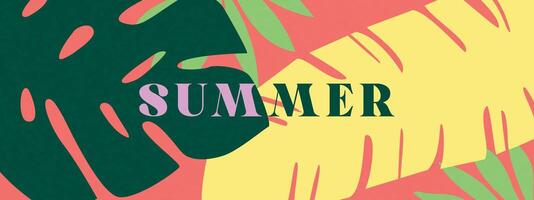 Summer horizontal background with bright tropical leaves. vector