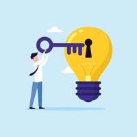 Businessman holding key to insert into key hold on lightbulb idea lamp. Unlock new idea creativity concept vector