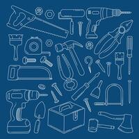Set of Carpenter tools doodle hand drawn isolated on white background vector