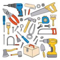 Set of Carpenter tools doodle hand drawn isolated on white background vector