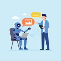 Human and Robot Artificial Intelligence cooperation and collaboration on job position cartoon illustration vector