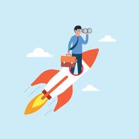 Businessman open rocket window using telescope looking for new business opportunities. Business and finance illustration concept vector