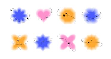Set Blur gradient Elements with stroke, black Stars. Collection of colored abstract symmetrical Shapes with outlining line and sparkles. Heart, flowers. Astrology, Y2k aesthetic. illustration vector