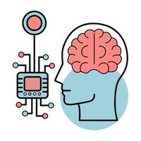 Neurochip. Human brain with a chip. Linear icon. Future concept vector