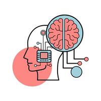Neurochip. Human brain with a chip. Linear icon. Future concept vector