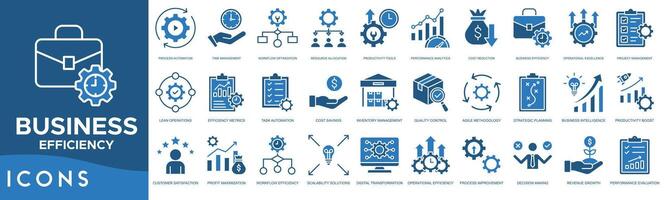 Business Efficiency icon set. Process Automation, Time Management, Workflow Optimization, Resource Allocation, Productivity Tools, Performance Analytics and Cost Reduction vector