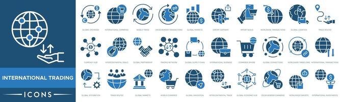 International Trading icon. Global Exchange, International Commerce, World Trade, Cross Border Transactions, Global Markets, Export Gateway, Import Nexus, Worldwide Transactions and Global Logistics vector