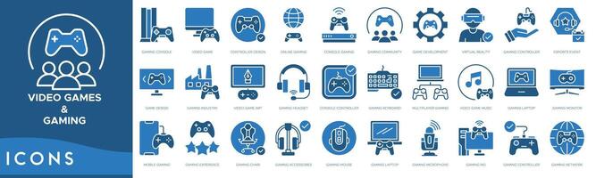 Games and Gaming icon set. Gaming Console, Game, Controller Design, Online, Console Gaming, Gaming Community, Game Development and Virtual Reality vector